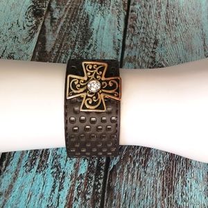 Punched Faux Leather band with jeweled scrolly cross Cuff Bracelet